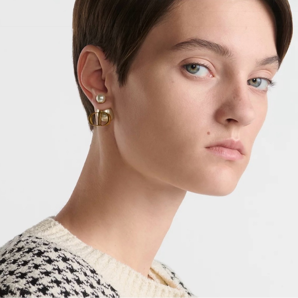 Christian Dior Tribale Gold and Cream Drop Earrings with Iconic CD Logo